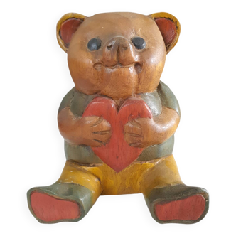 Magnificent Teddy Bear Entirely in Carved Wood, Colored, Artisanal, Old, 17 Cm
