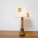 Wooden candle holder mounted as a lamp and its rope shade, 47.5cm.