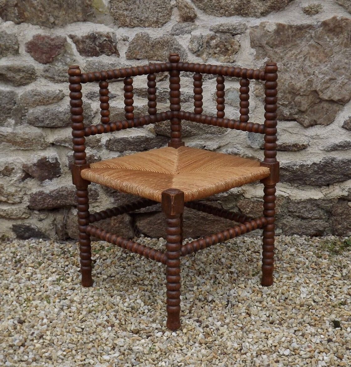 French antique turned wooden bobbin chair with rush seat 4156