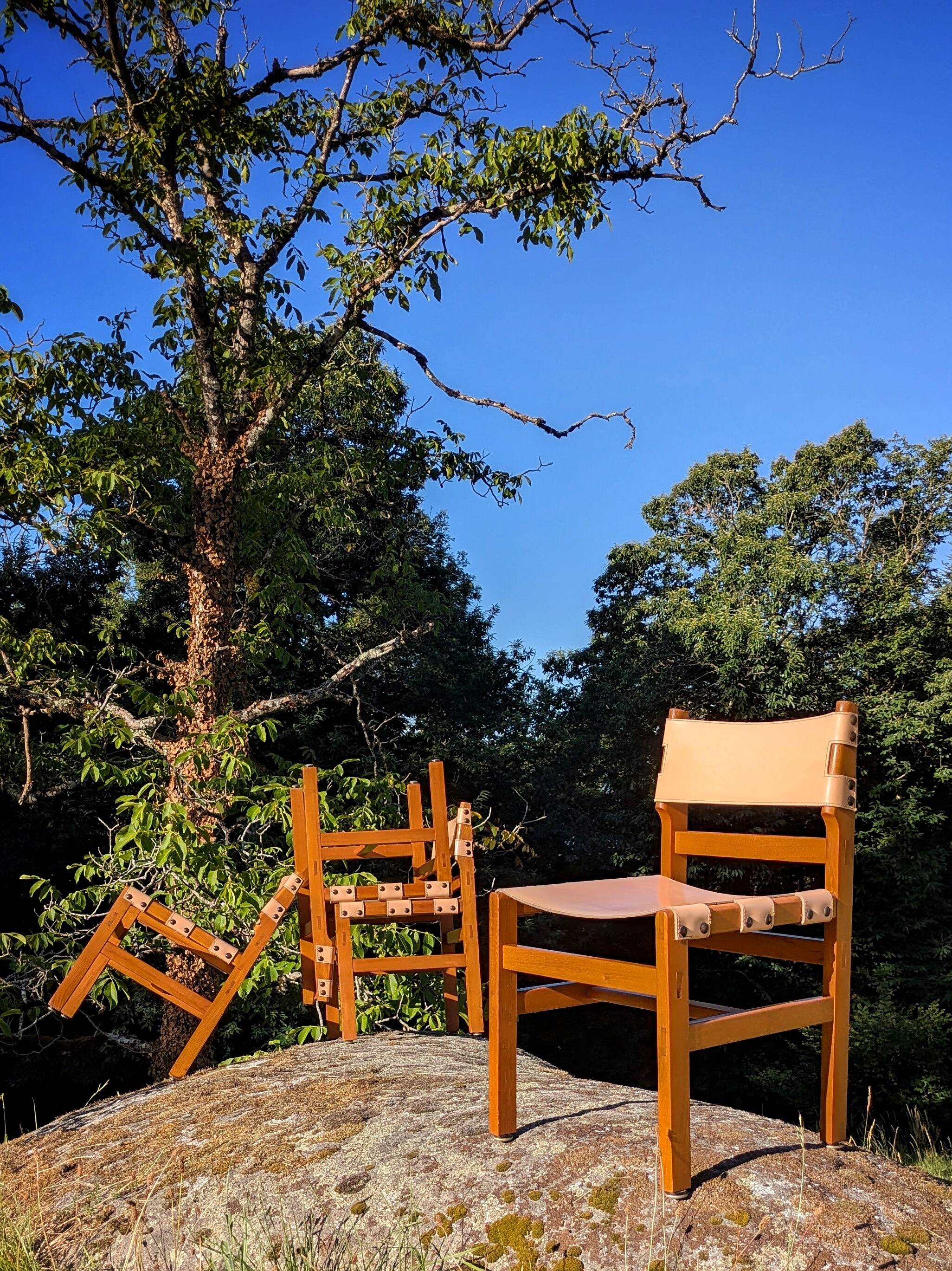 4 solid elm chairs Maison Regain, France 1970s
