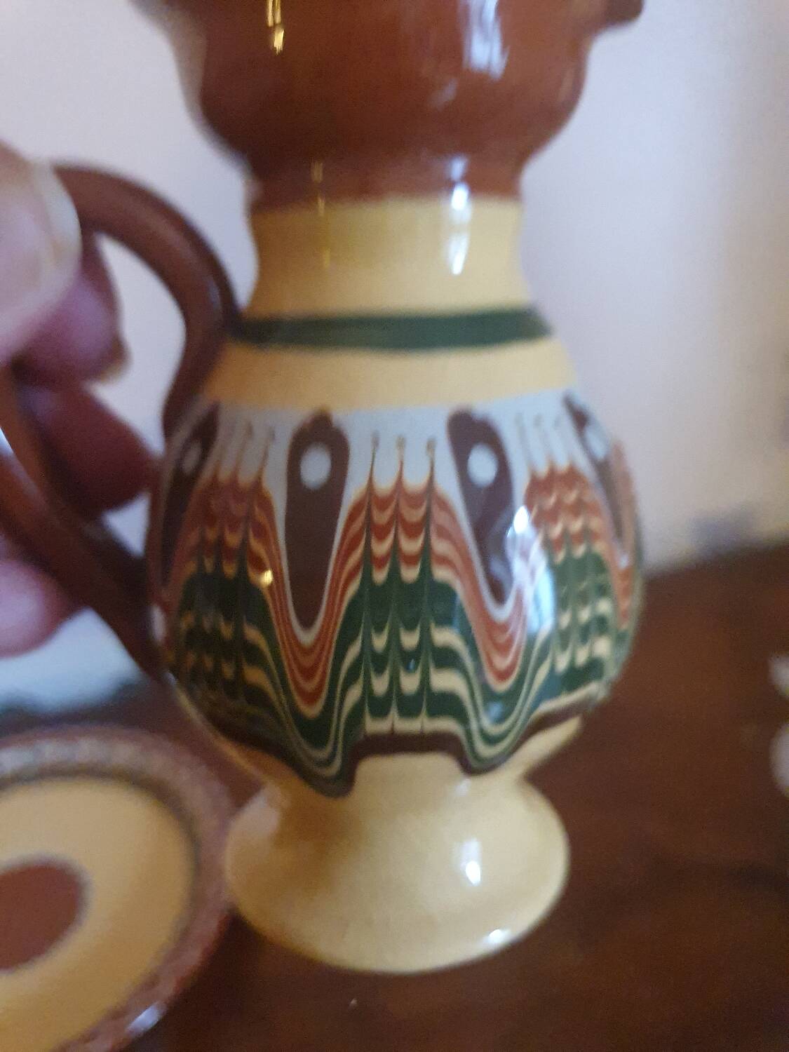 Salt pepper vinegar condiment service in vintage Bulgarian enameled pottery