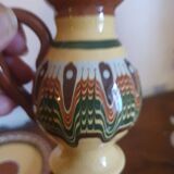 Salt pepper vinegar condiment service in vintage Bulgarian enameled pottery
