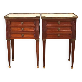 Pair of Louis XVI Style Bedside Tables in Solid Mahogany White Carrer Marble & Writing Drawer