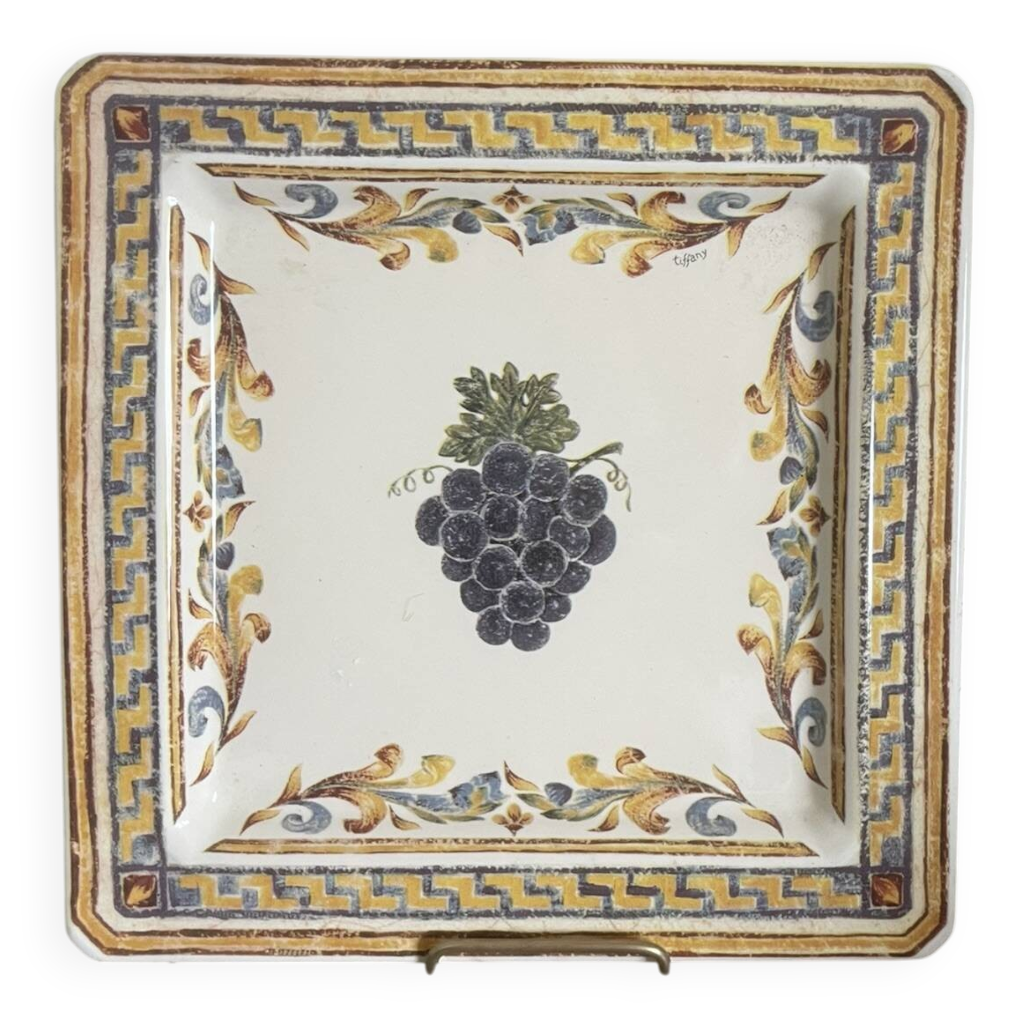 Vintage italian wall decorative plate tiffany yellow grape 30x30cm