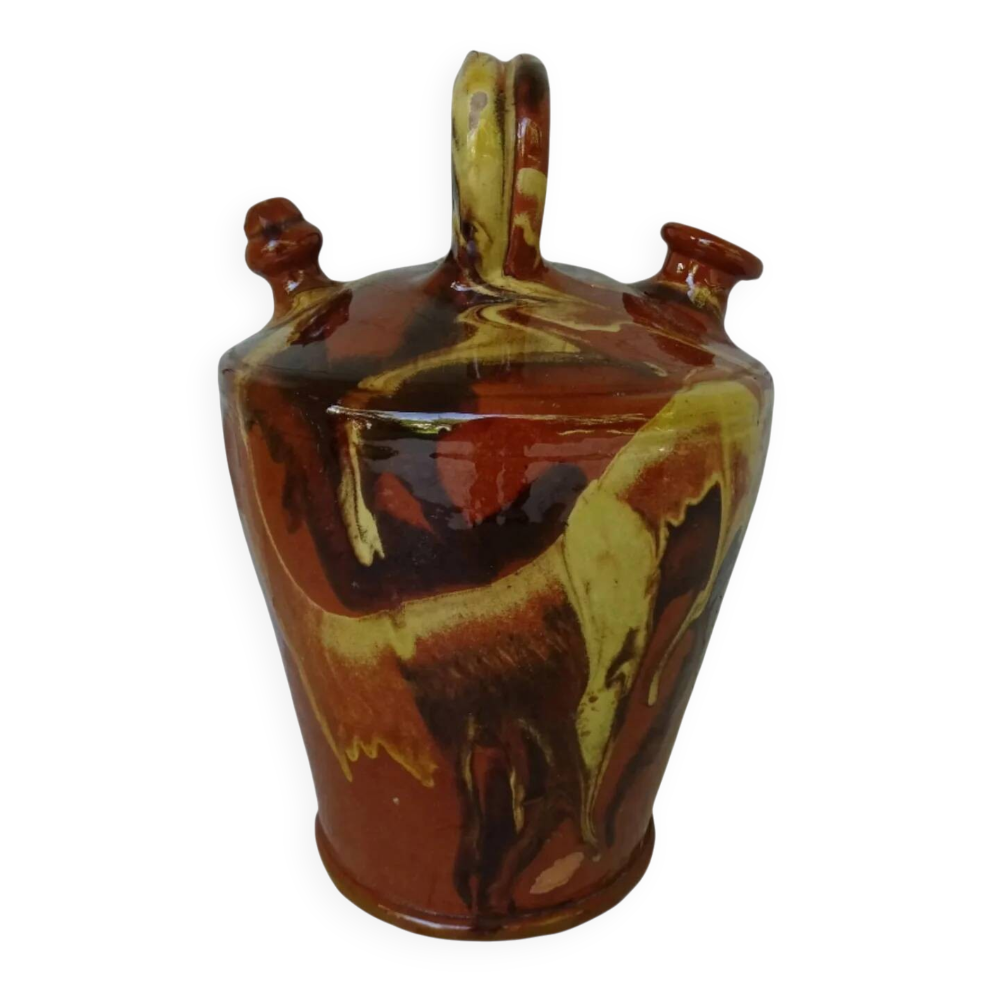 Gargoulette antique en poterie à glaçure jaspé, catalane