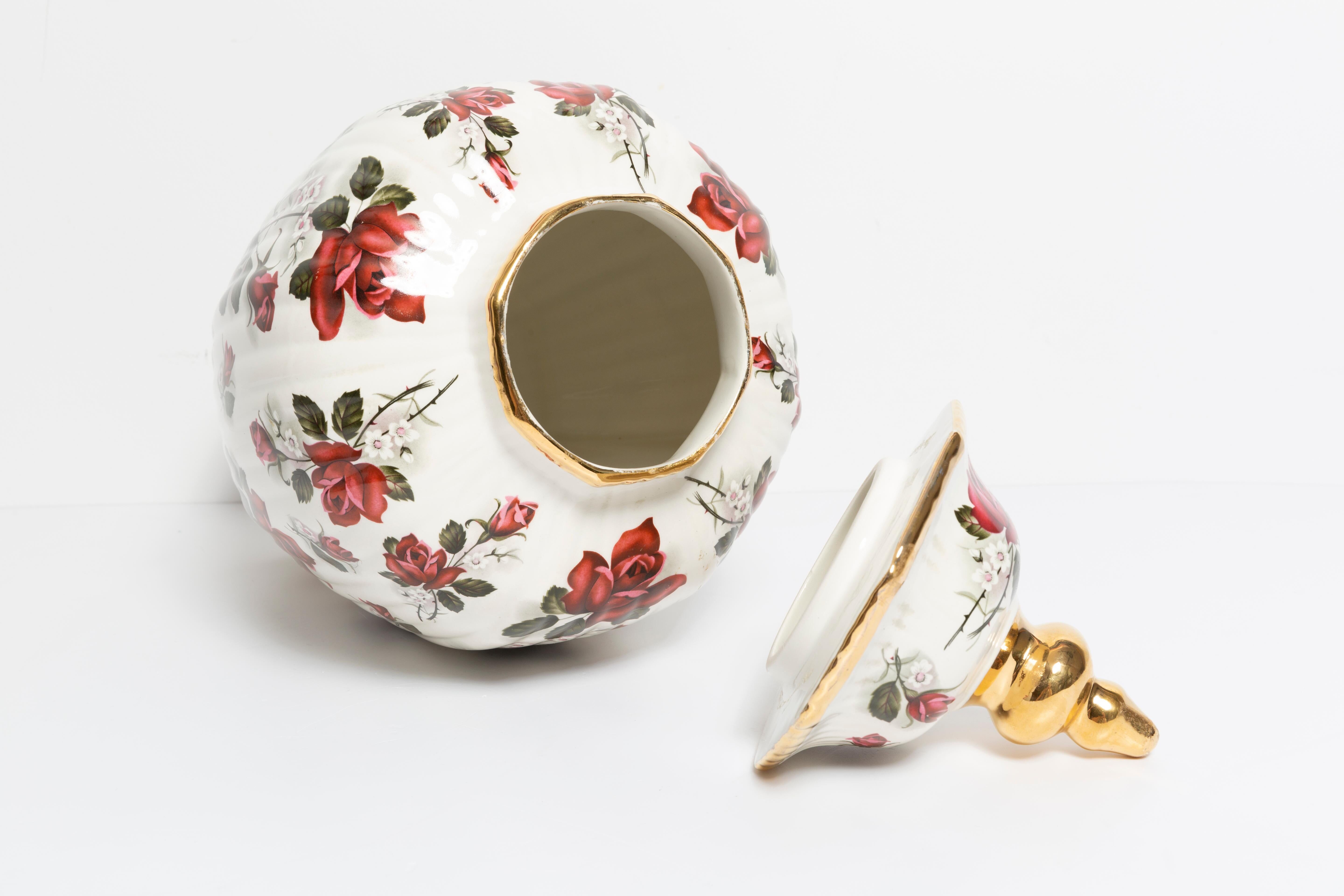Grand vase en céramique peint à la main avec roses, boîte à bonbons, XXe siècle, Belgique, années 1960