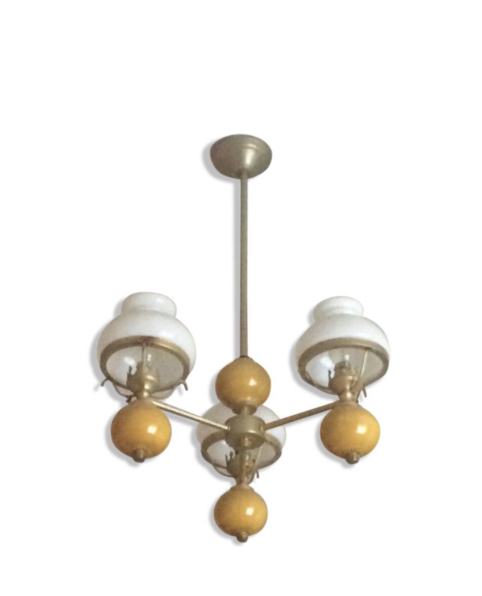 Vintage brass pendant light with opaline porcelain from the 1950s.