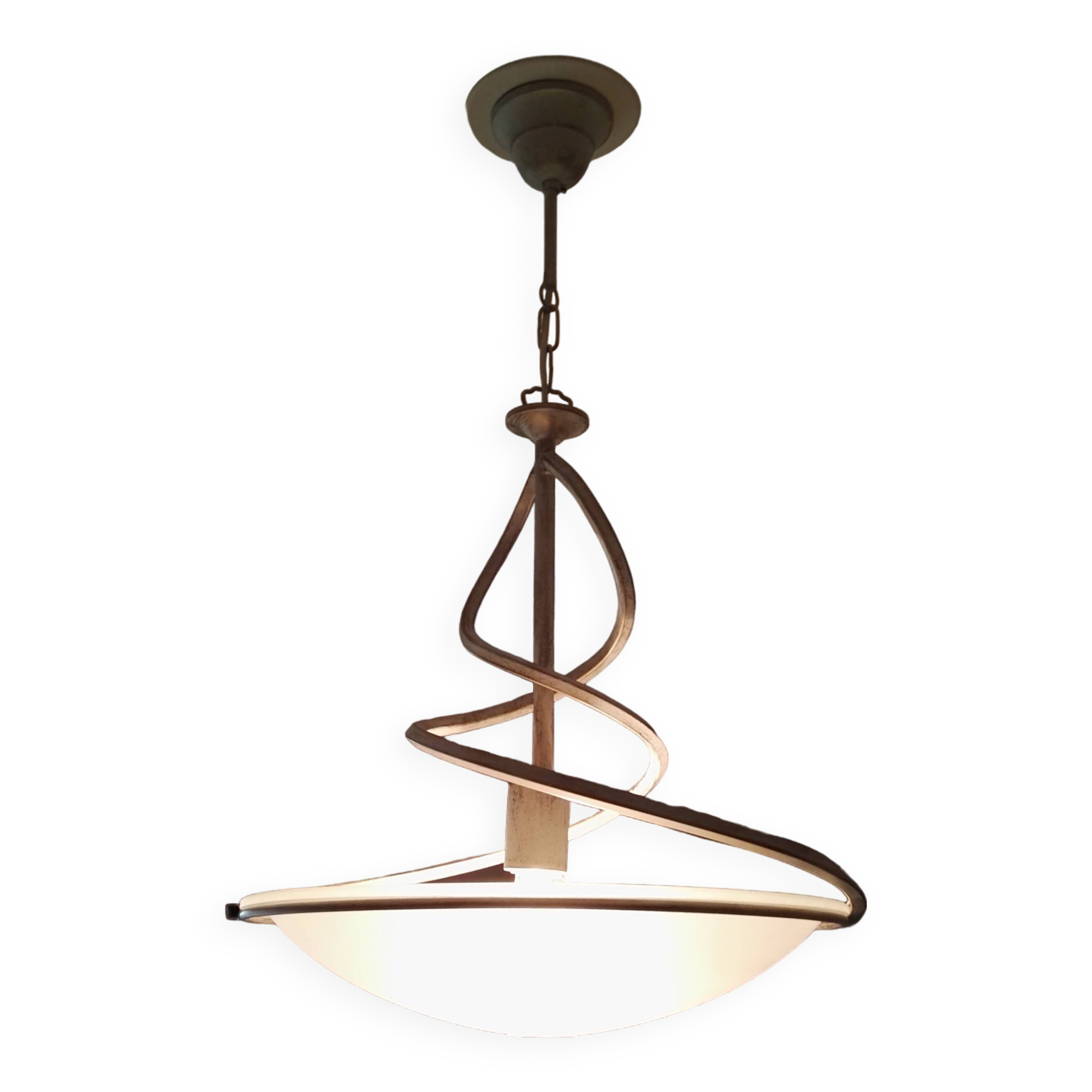 Art Deco style pendant lamp in aged white iron and opal glass