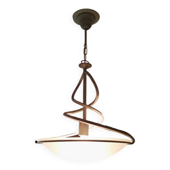 Art Deco style pendant lamp in aged white iron and opal glass