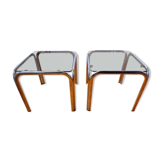 Paire de tables de chevet en verre fumé et métal chromé, 70s