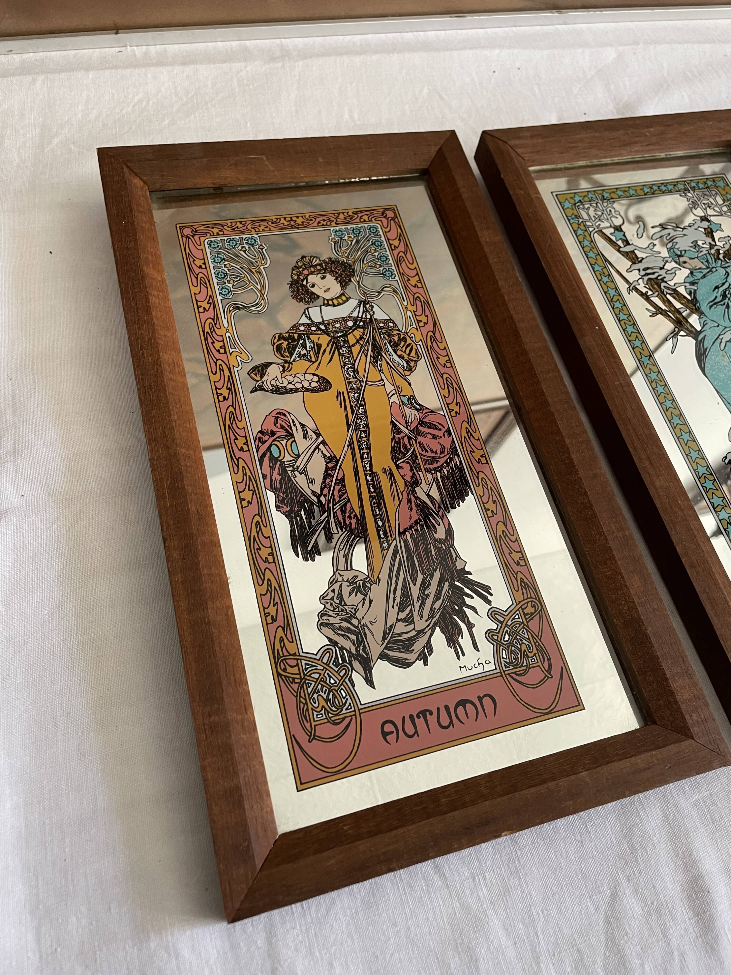 Set of 3 mirrors screen-printed Mucha, the 4 seasons -lack summer-