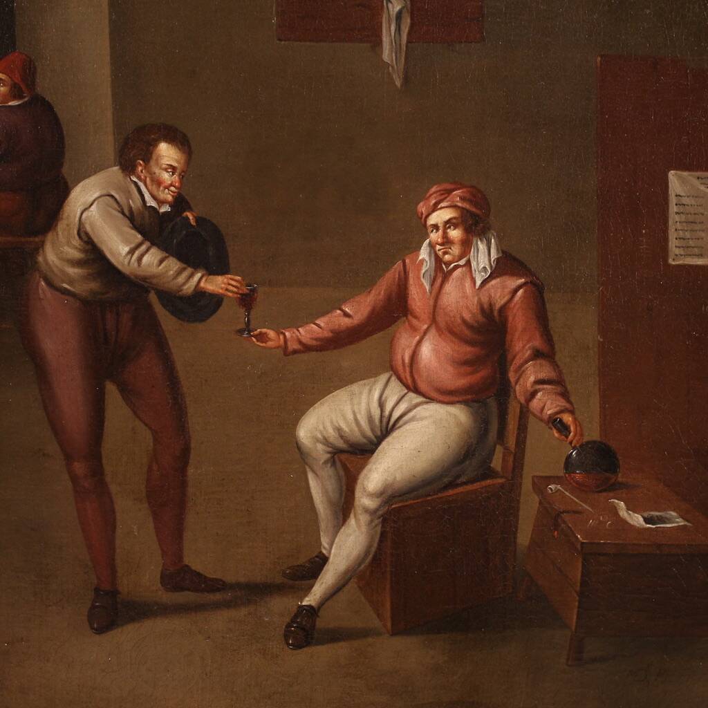 Peinture d'intérieur flamande antique du 17ème siècle