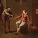 Peinture d'intérieur flamande antique du 17ème siècle