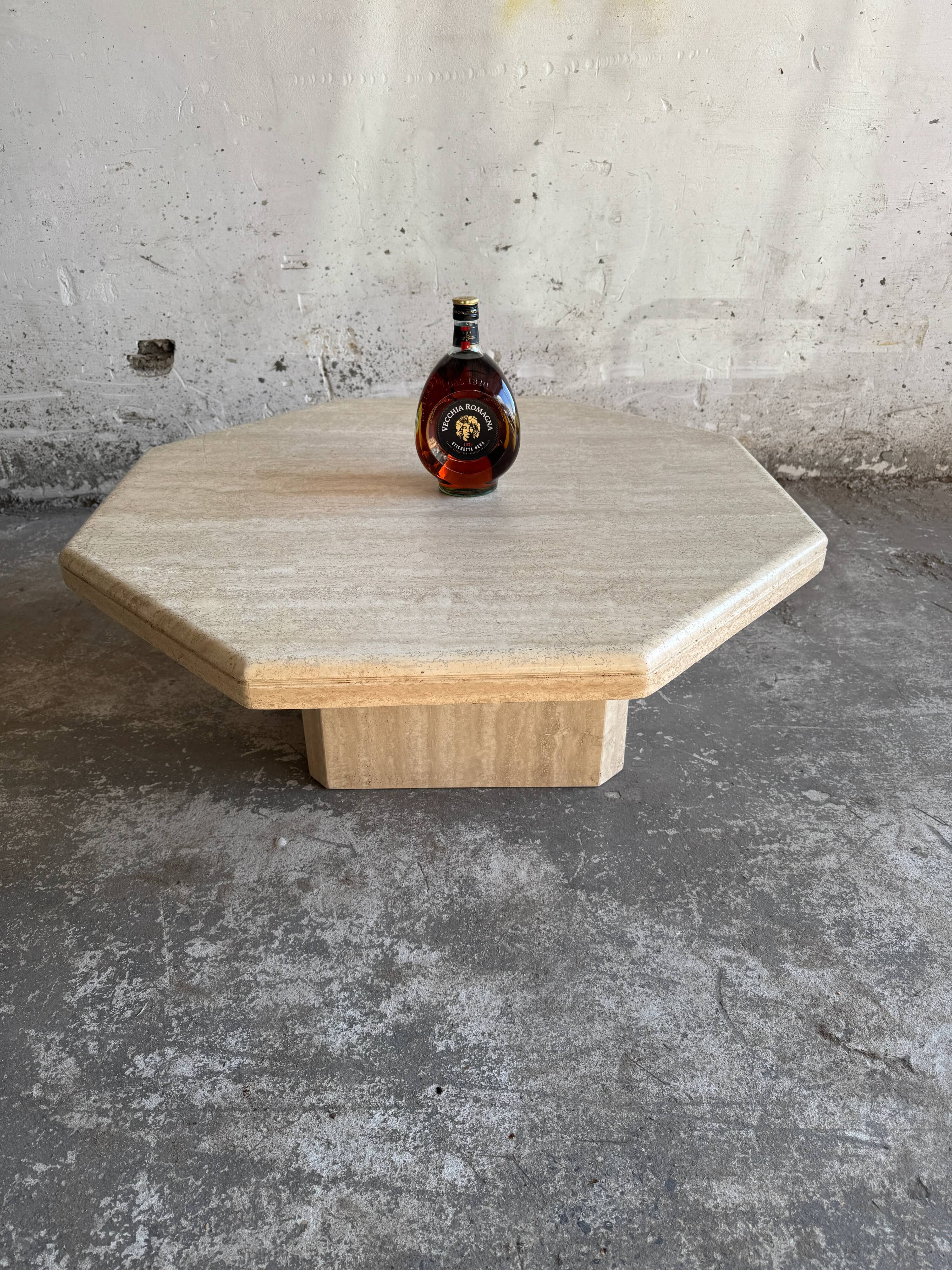 Beige Travertine Sculptural Coffee Table — Hexagonal Solid Natural Stone, Brutalist Design