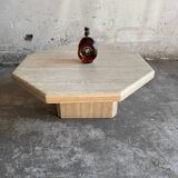 Beige Travertine Sculptural Coffee Table — Hexagonal Solid Natural Stone, Brutalist Design