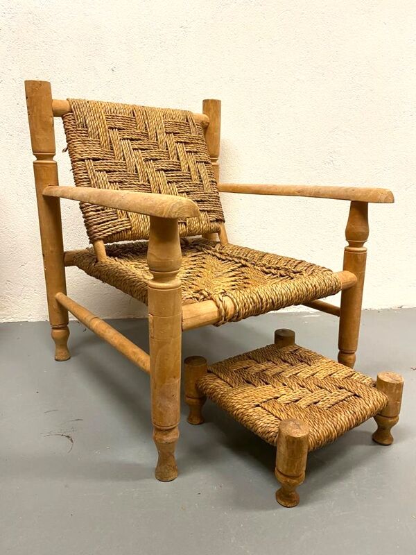 Fauteuil et repose pied en bois et corde