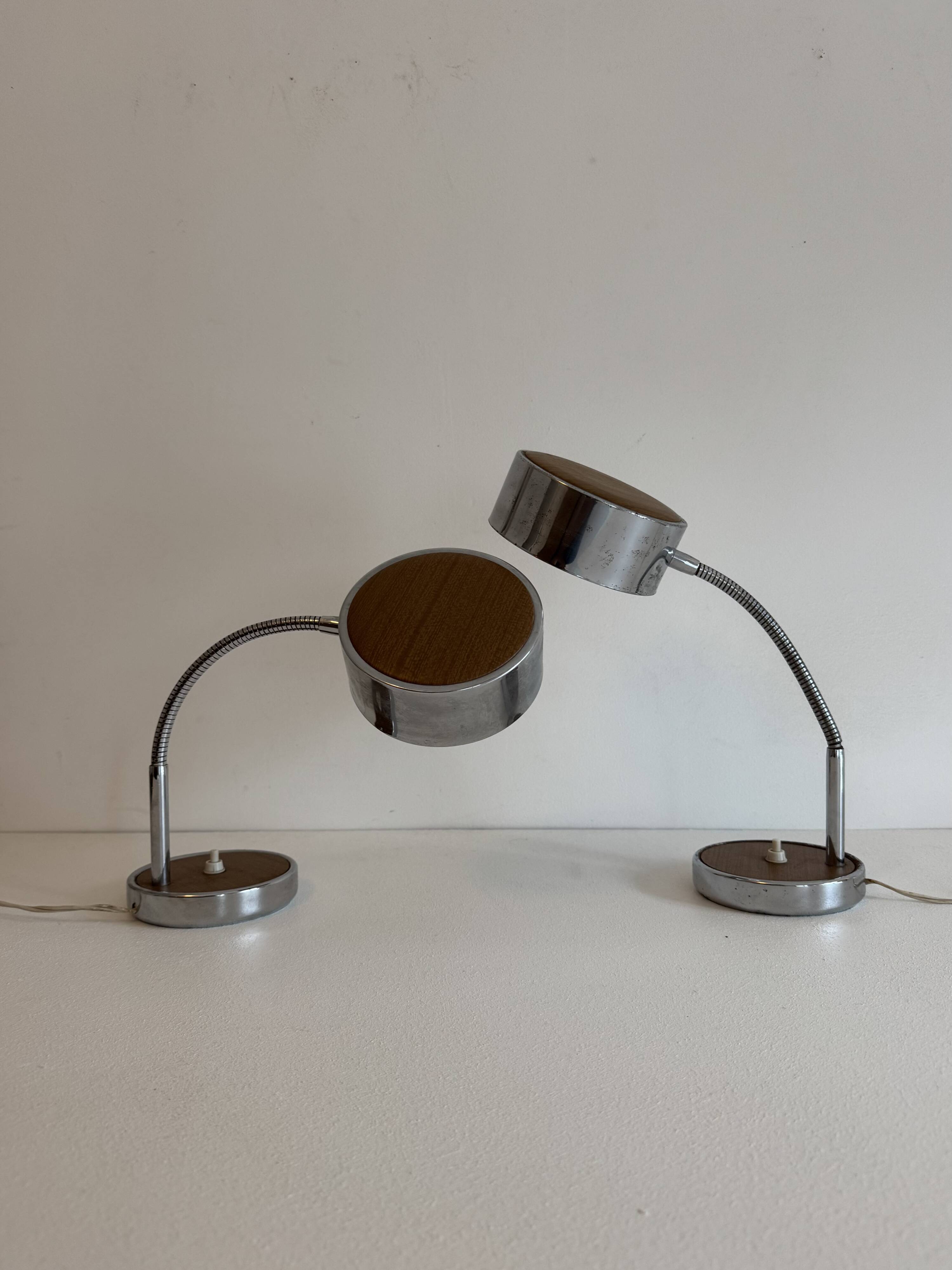 Pair of adjustable vintage table lamps, chrome metal and wood, France.