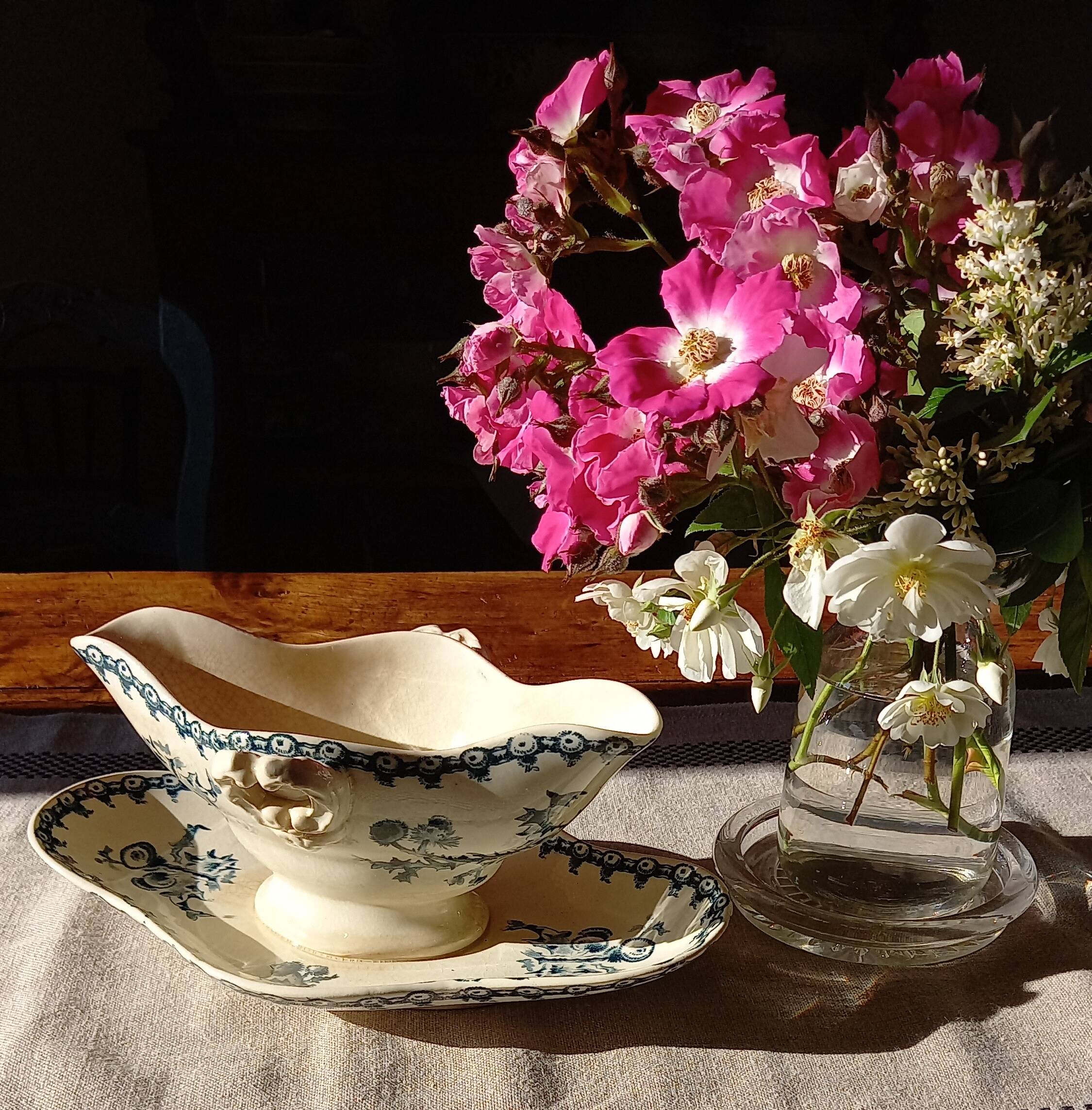Old gravy boat on frame in terre de fer earthenware by gien, “chardons” model in blue-green