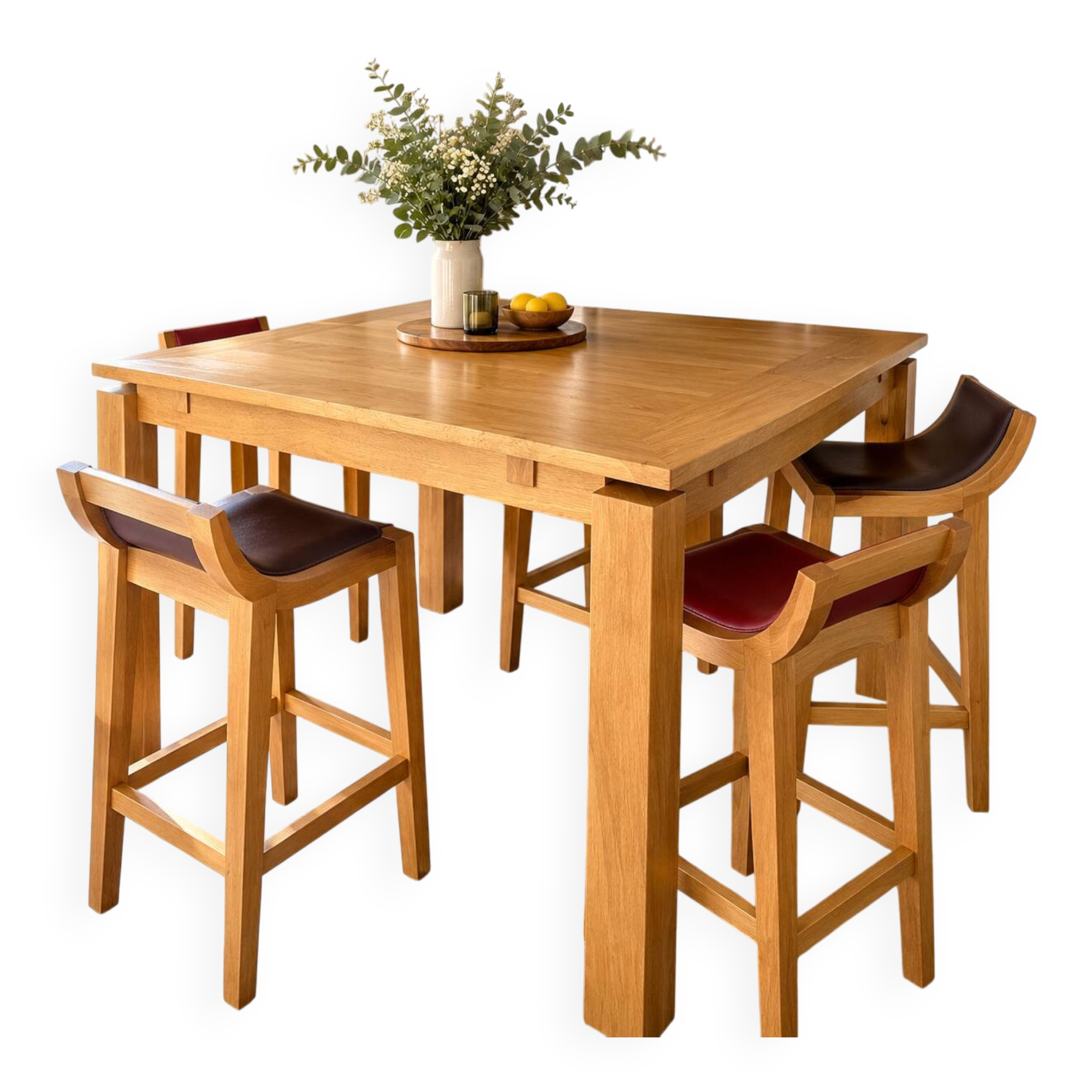 Table haute en bois massif extensible + 4 tabourets