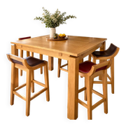 Table haute en bois massif extensible + 4 tabourets