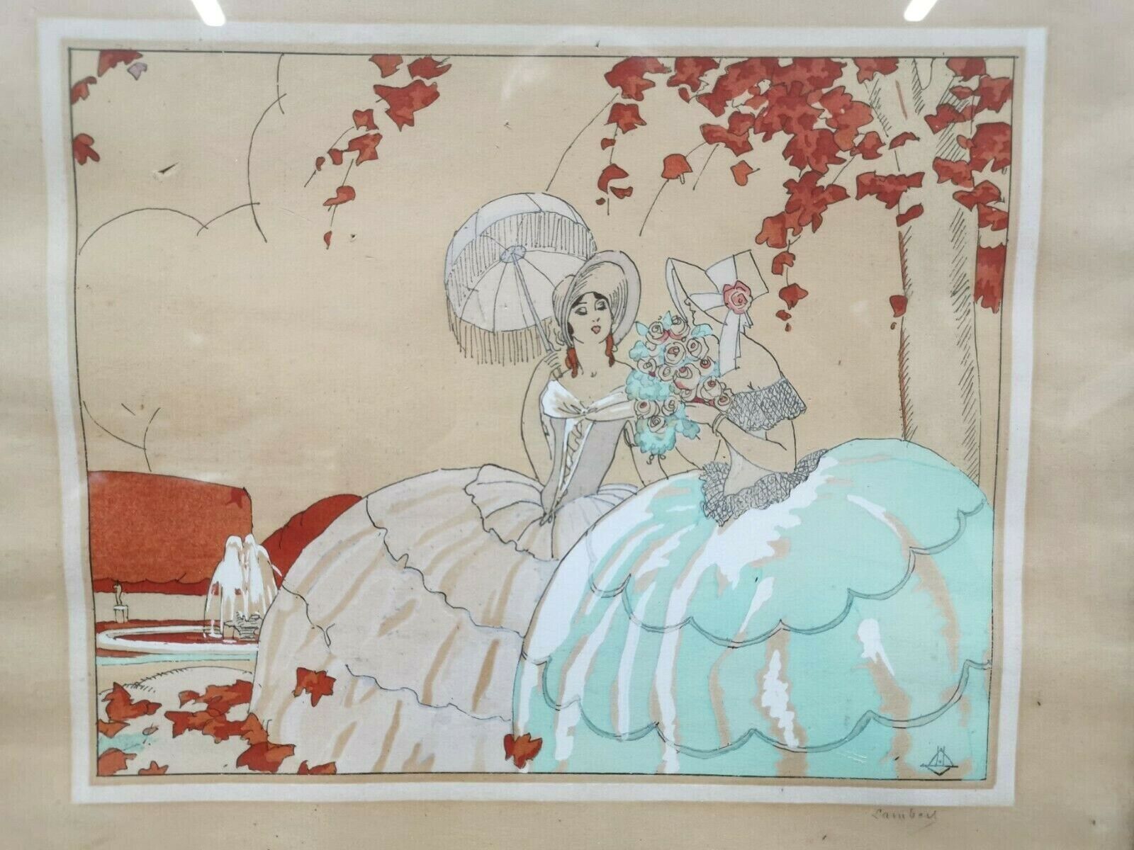 Pair of old frames watercolor drawings signed lamber lambery ? romantic