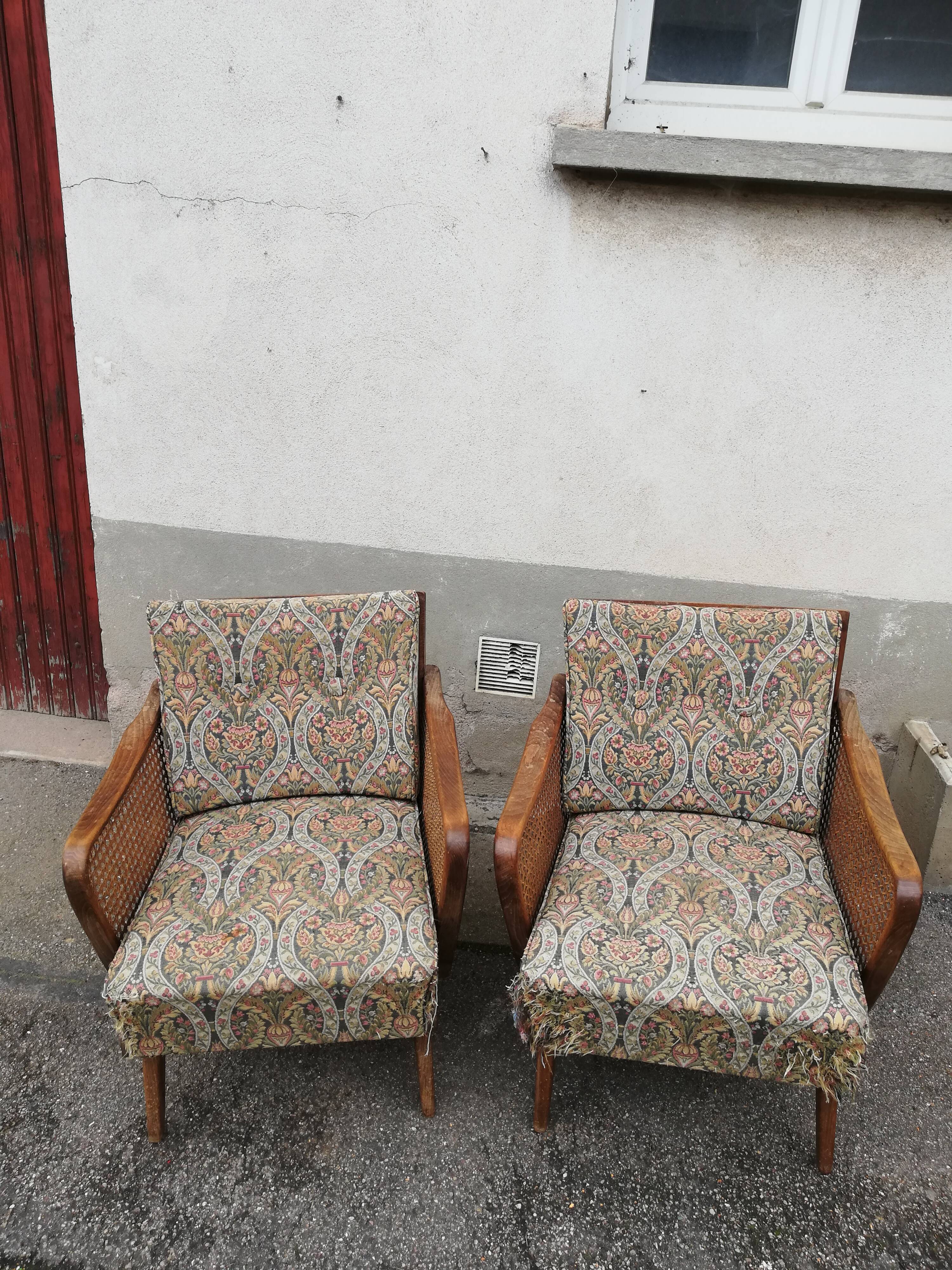 Paire de fauteuils vintage pieds compas et cannage