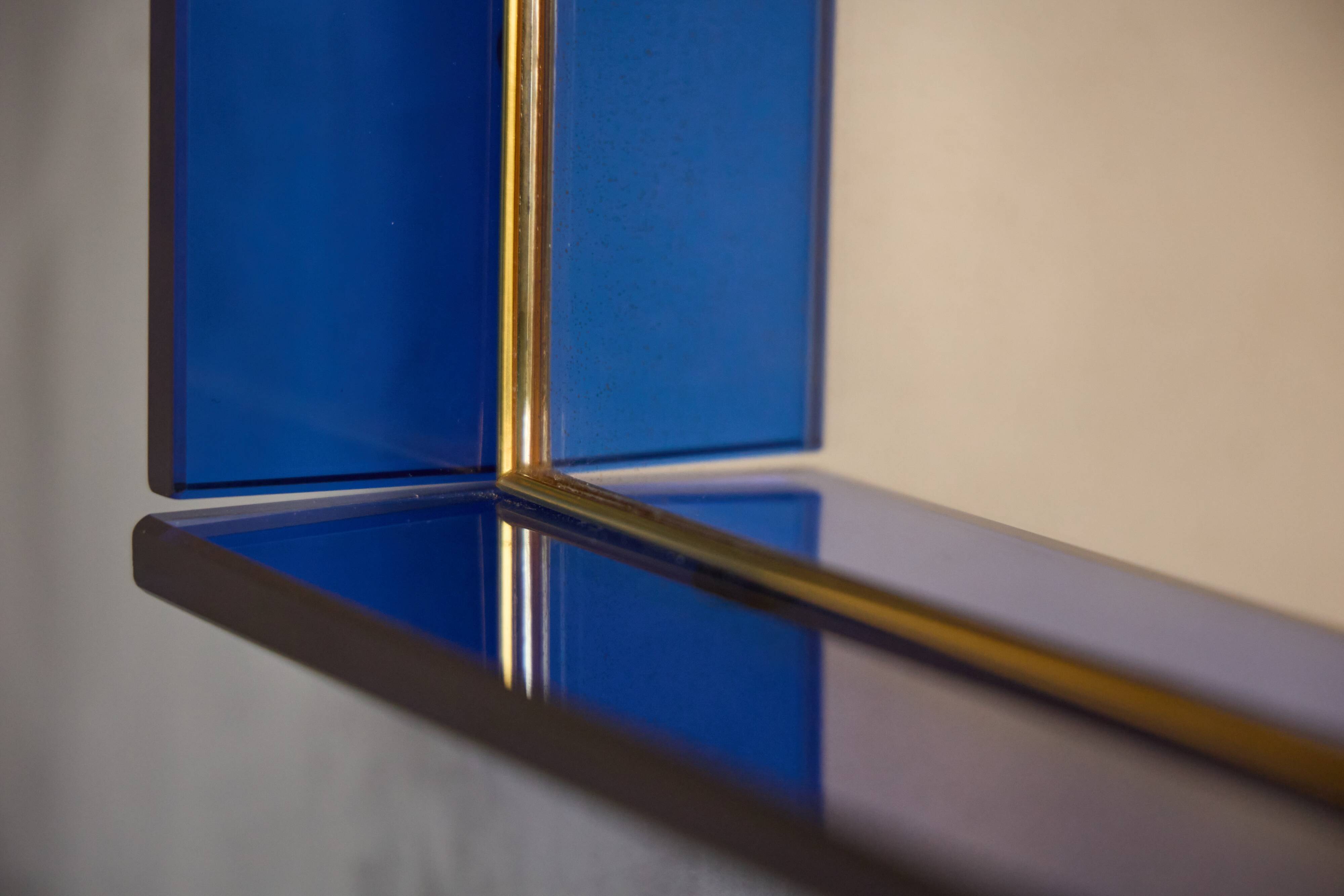 Blue Coloured and Mirrored Glass Wall Mirror, Italy, 1960s