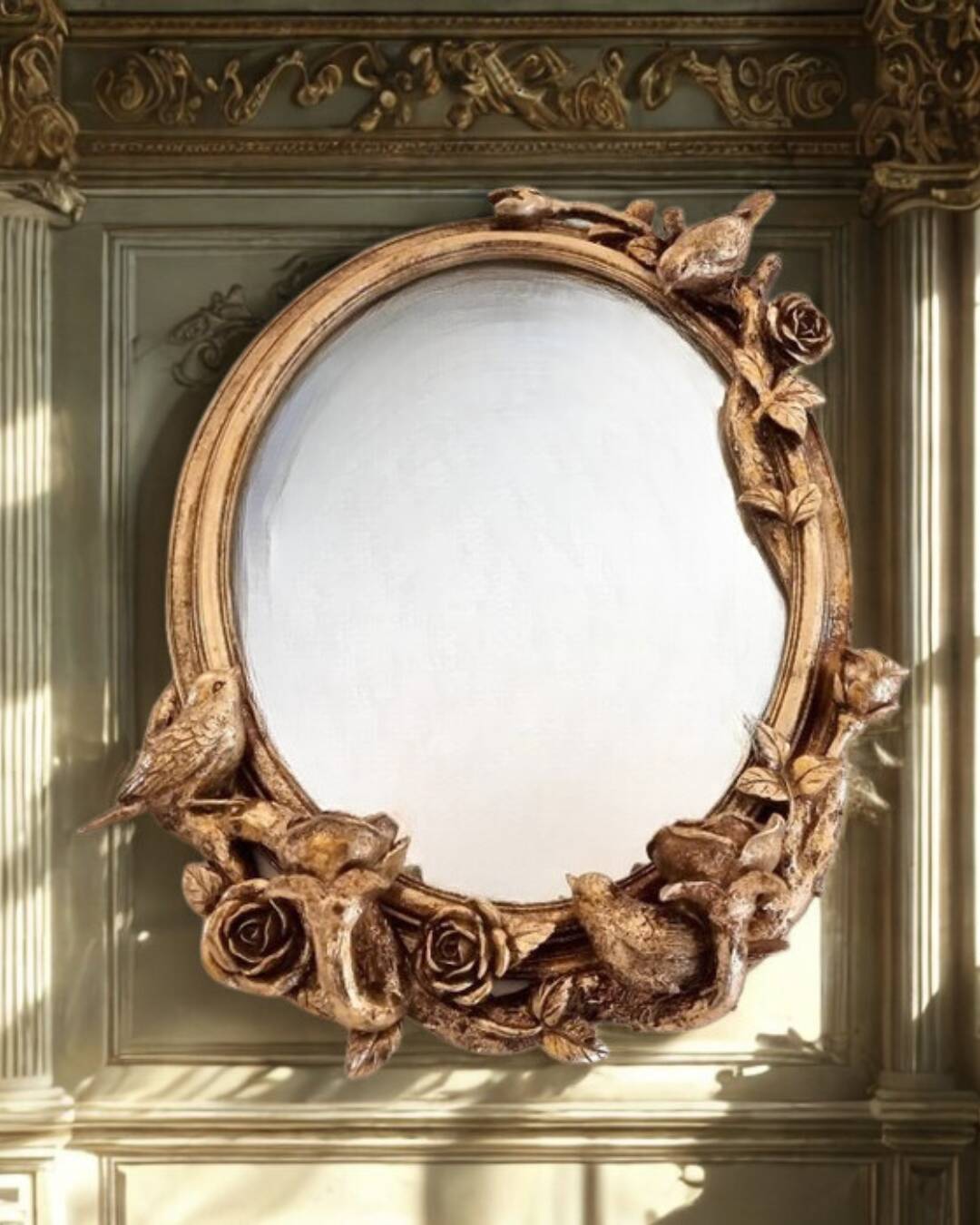 Oval wall mirror in Art Nouveau style with a decoration of birds and roses.