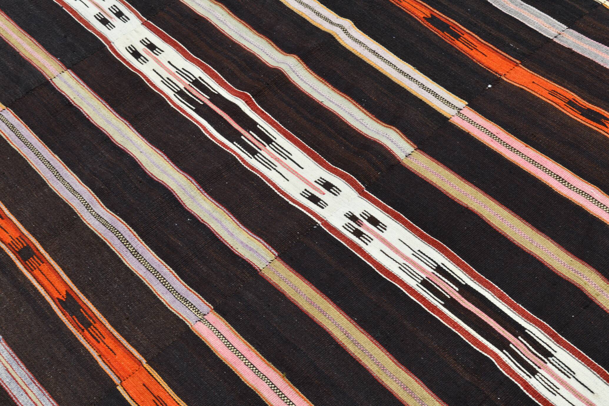 %100 Wool Striped Moroccan Pattern Turkish Kilim Rug, 181x305 Cm