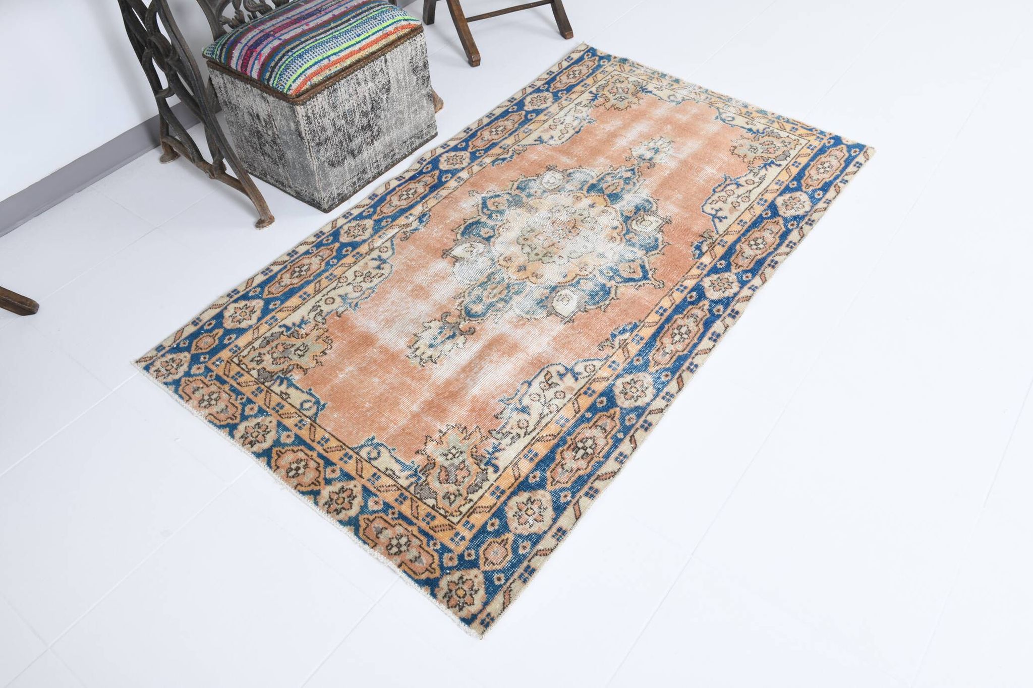 3x6 Rug For Living Room Pale Orange Blue Handmade Turkish Rug, 104x176Cm