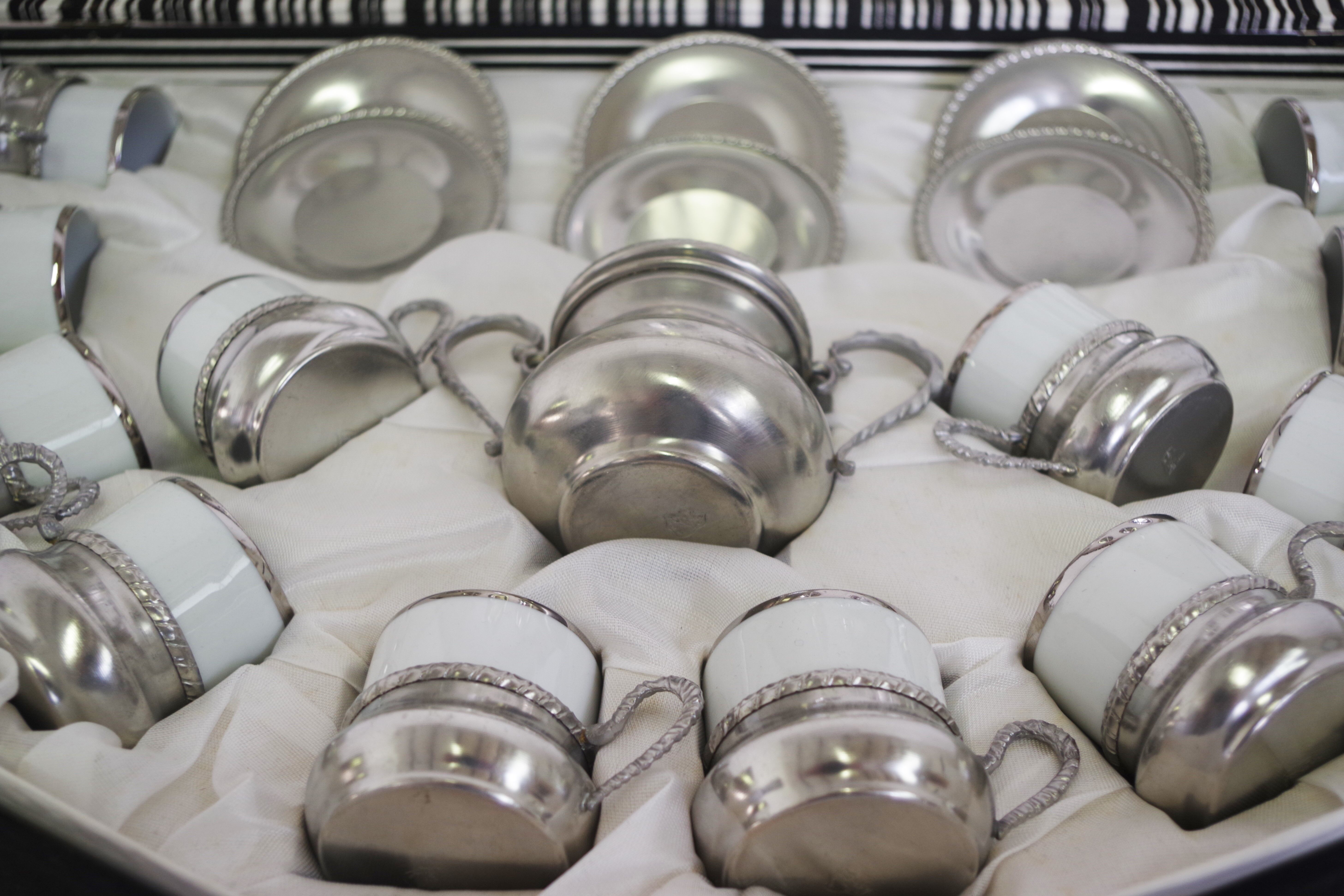 Silver and tin coffee set, 1970s, set of 25