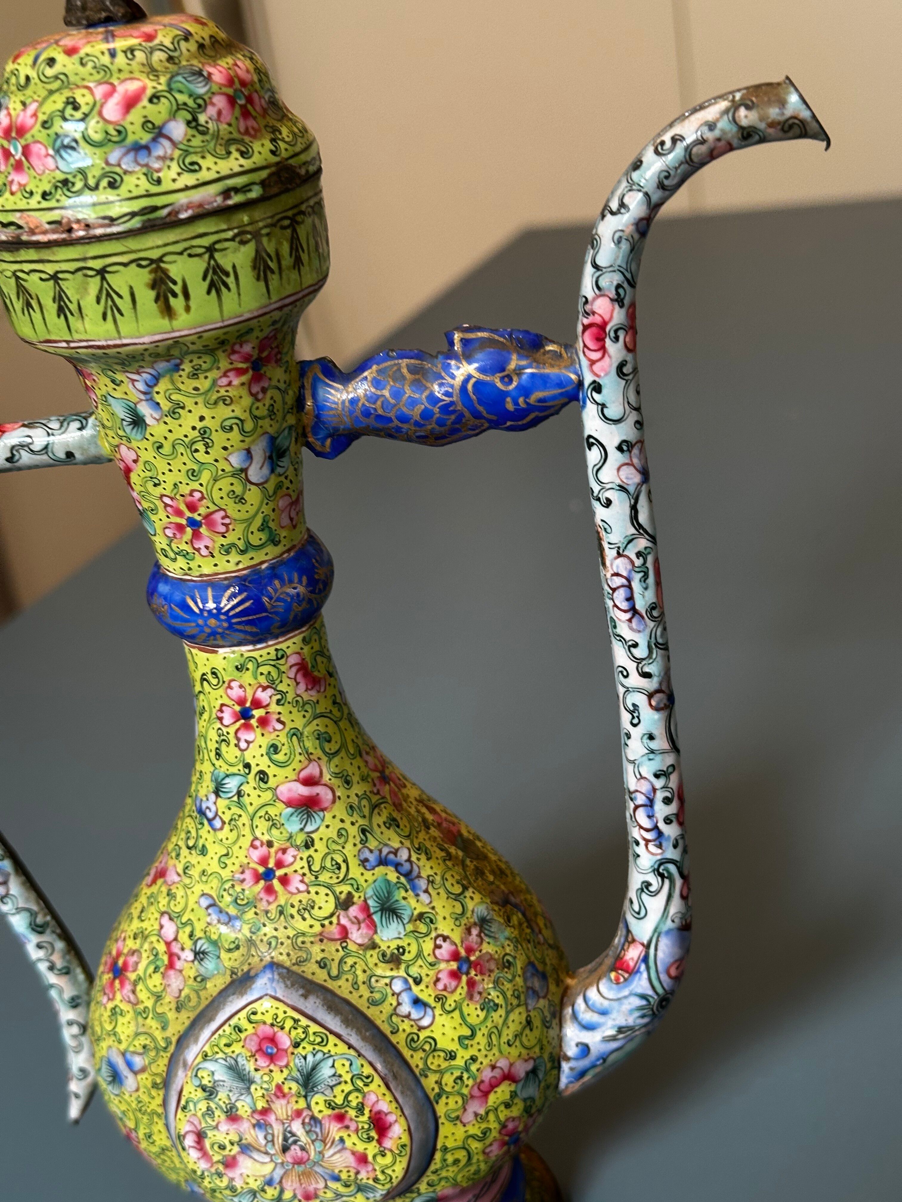 Chinese ewer in painted enamel on copper – floral decoration - Canton 18