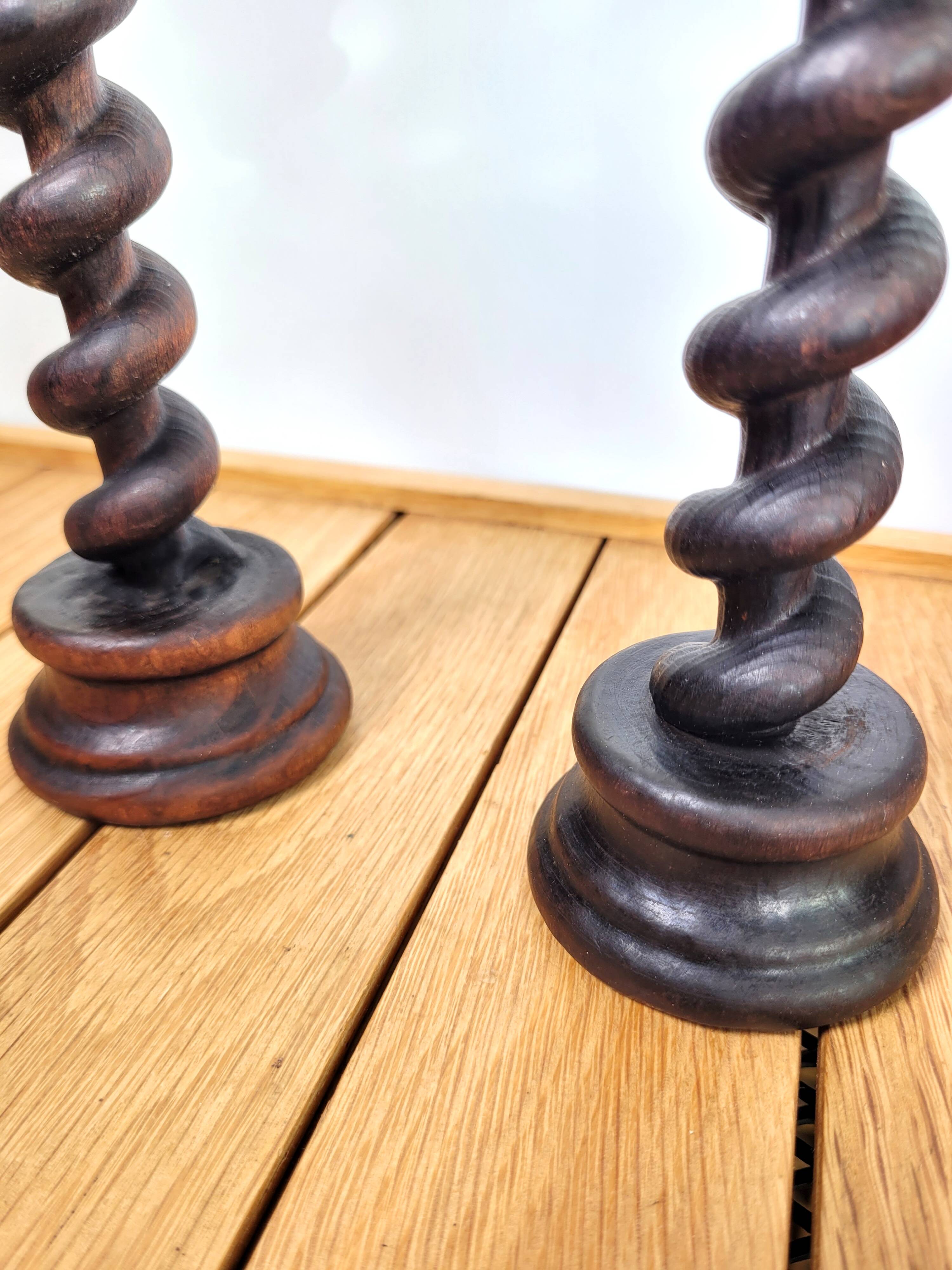 Pair of old turned wooden candlesticks
