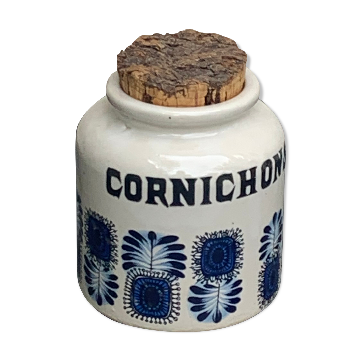 Grey sandstone pot with blue patterns and vintage liege cork 1970