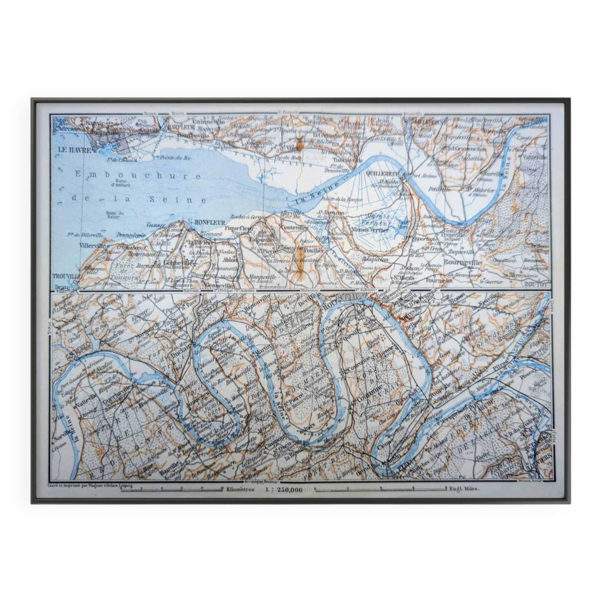 The Seine and its estuary, original map printed in 1902.