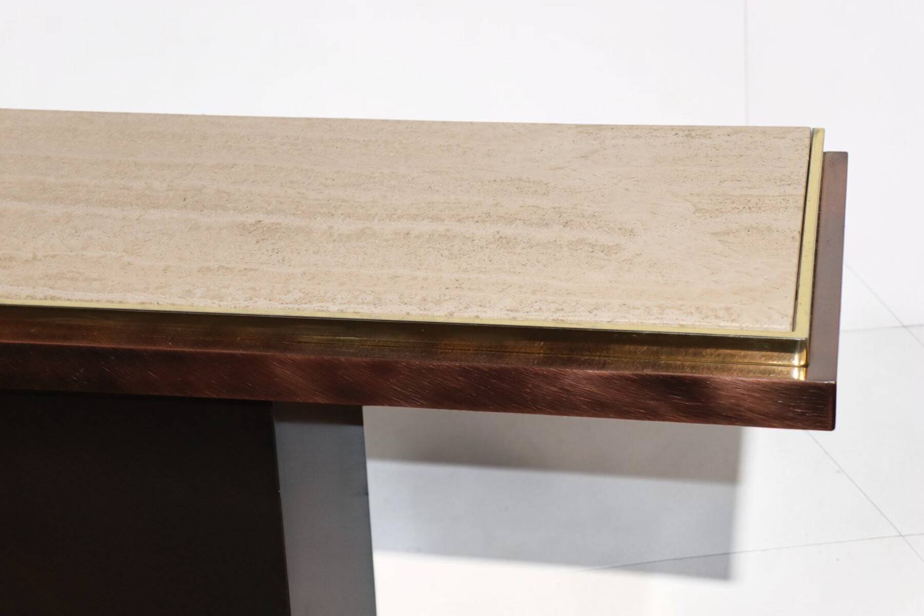 Minimalist console in travertine and patinated metal — 1970s