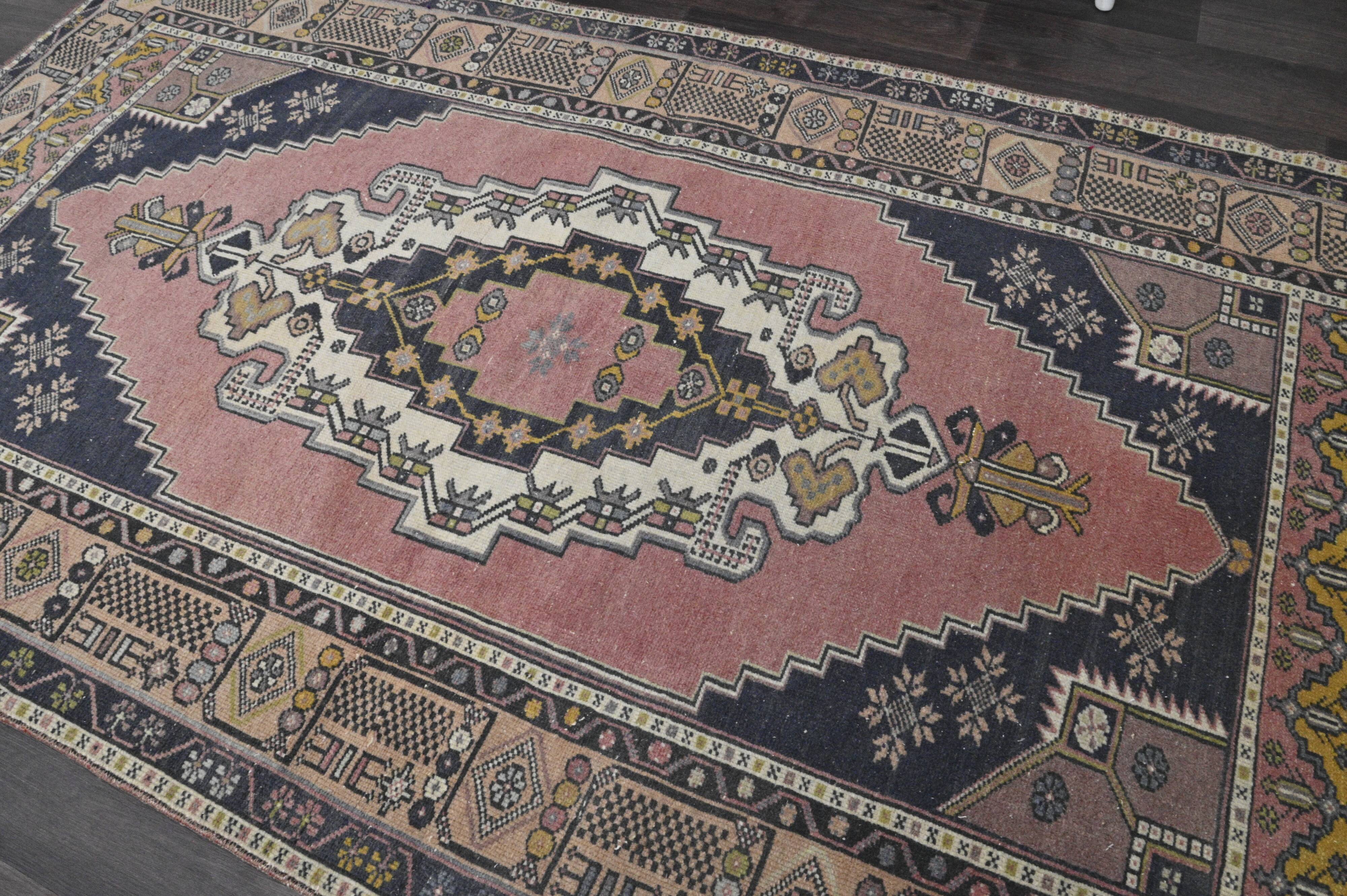 Vintage Turkish rug 134x240 cm, pink and navy blue tones, handmade wool