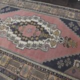 Vintage Turkish rug 134x240 cm, pink and navy blue tones, handmade wool