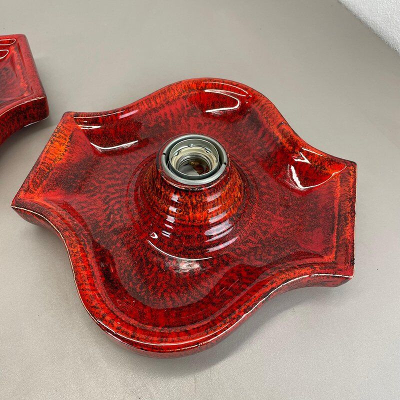 Red ceramic fat lava wall lamps by Hustadt Lights, Germany, 1970s, set of 2