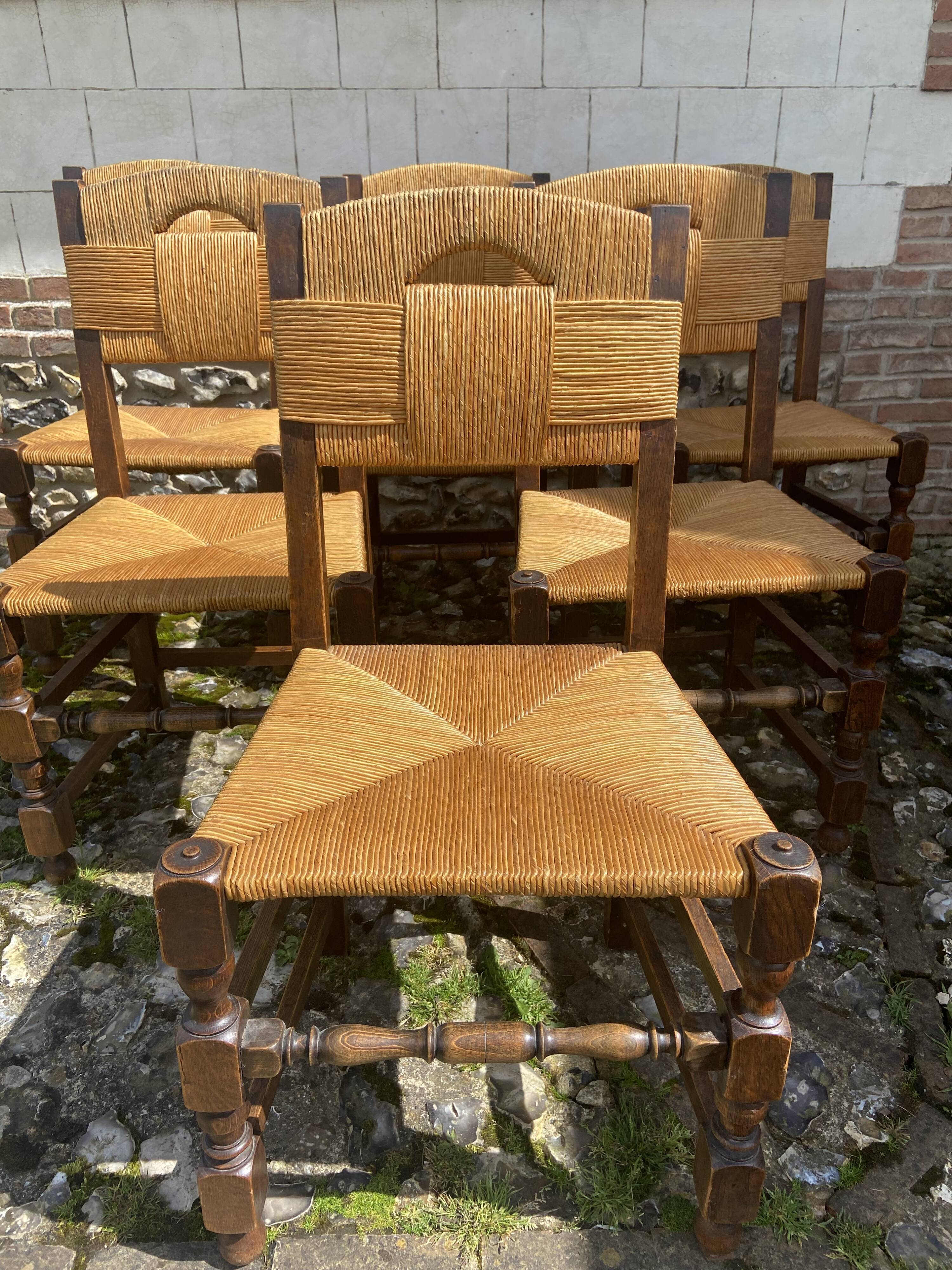 Six brutalist chairs straws and wood 60s
