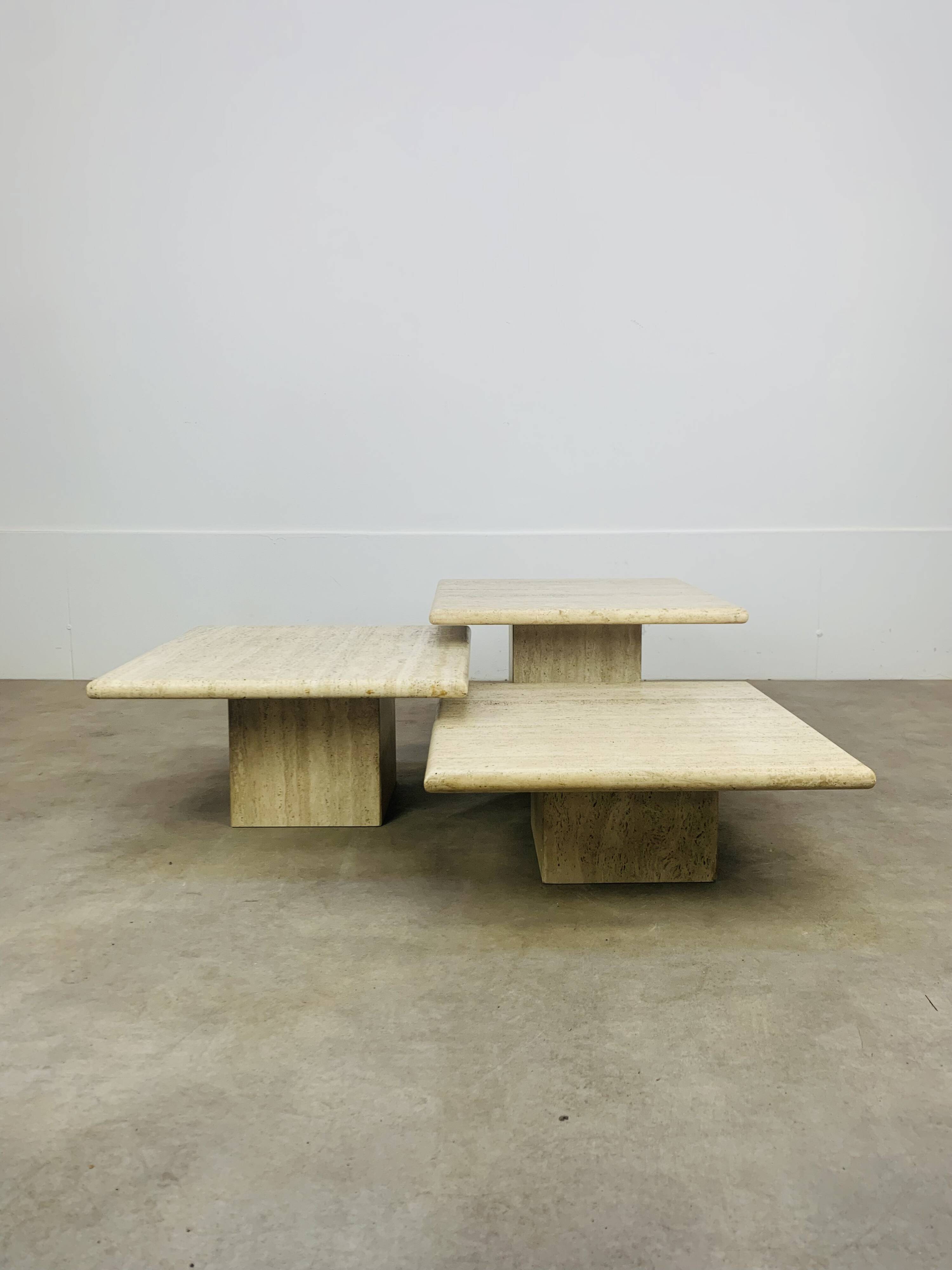 Trio vintage travertine nesting coffee tables
