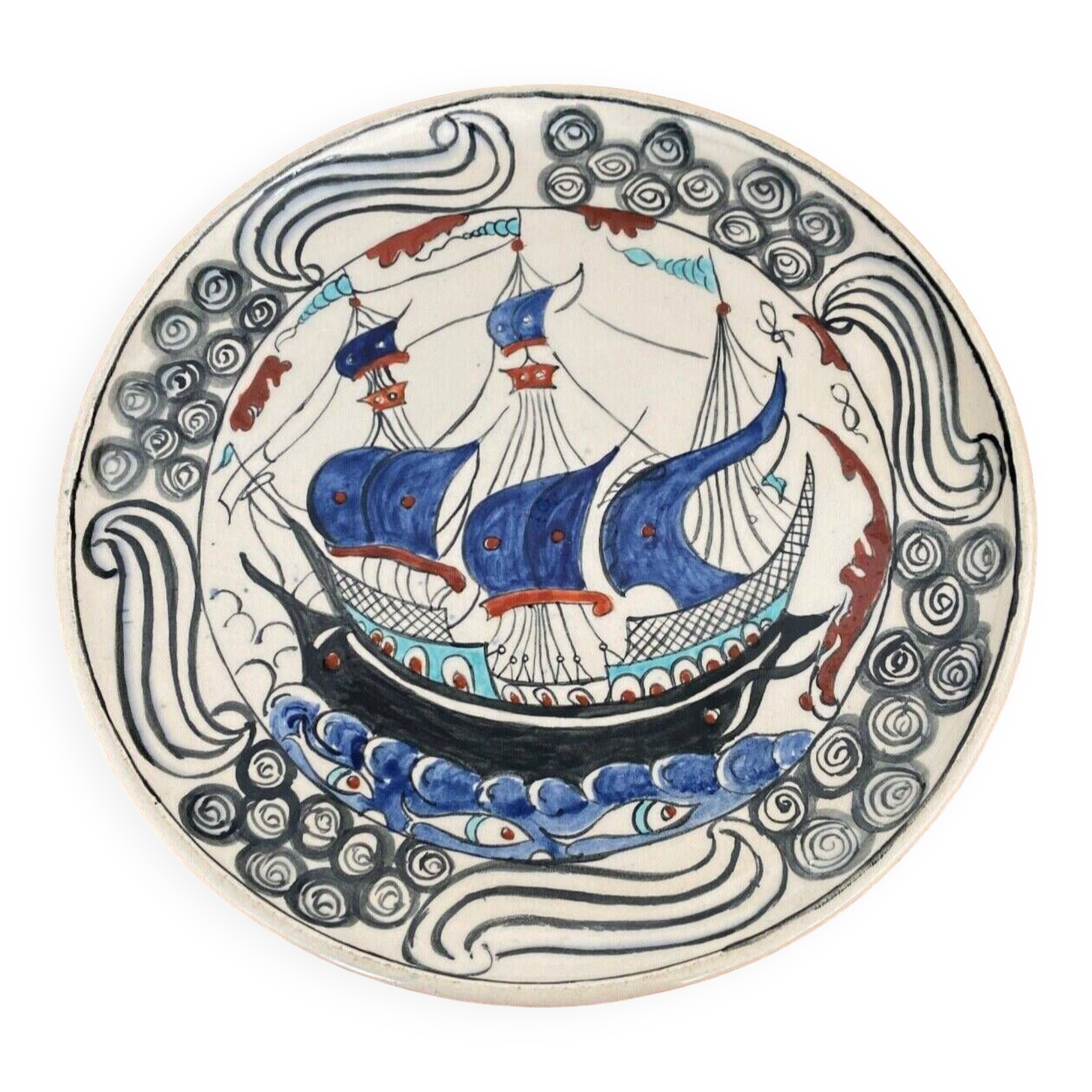 Iznik dish decorated with CB 20th century monogram caravel