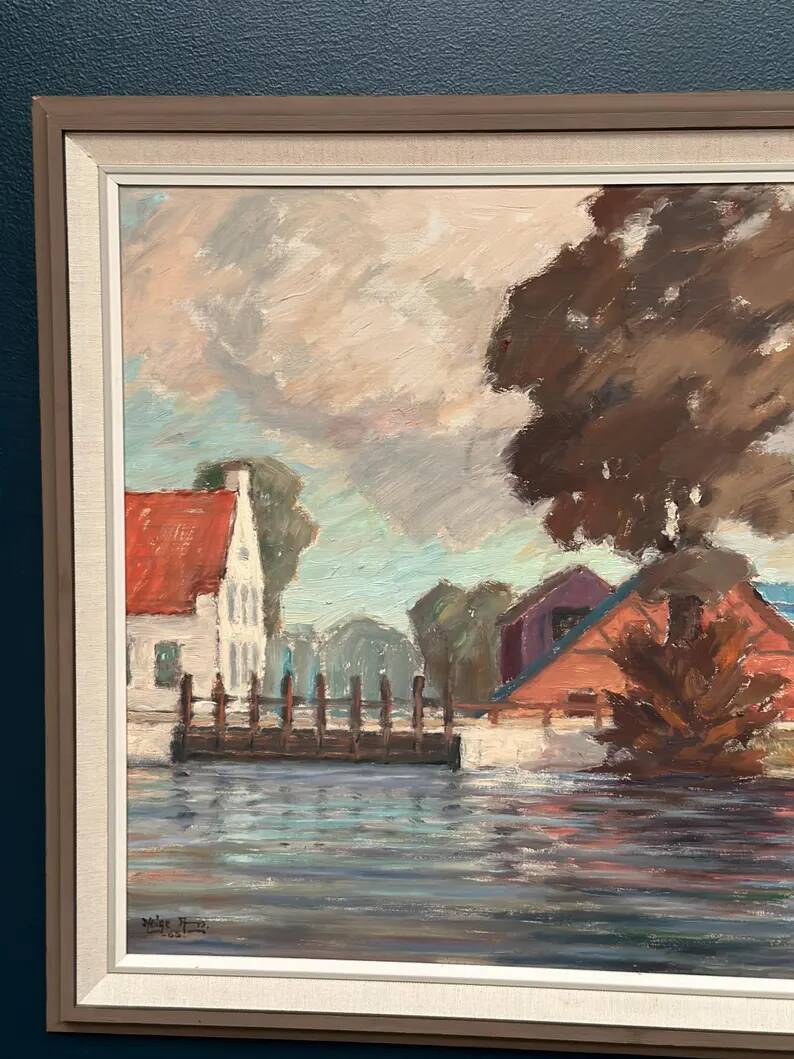 Original Swedish Oil on Panel - "Coastal Village" by Helge Andersson - Dated 1965 - Framed - 86 × 64 cm