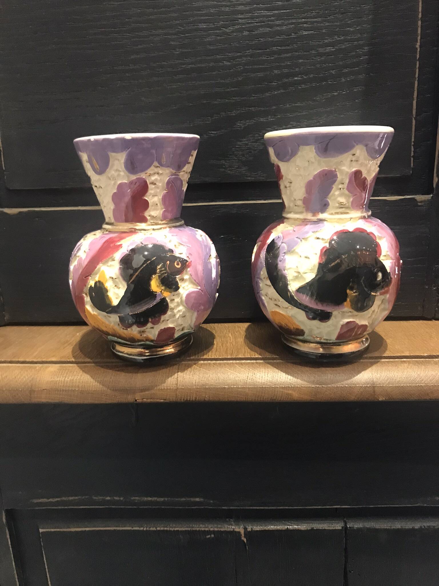 2 vases vintage en céramique de Monaco à décor de poissons