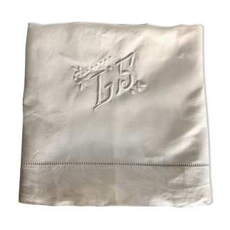 Drap ancien brodé monogramme linge ancien