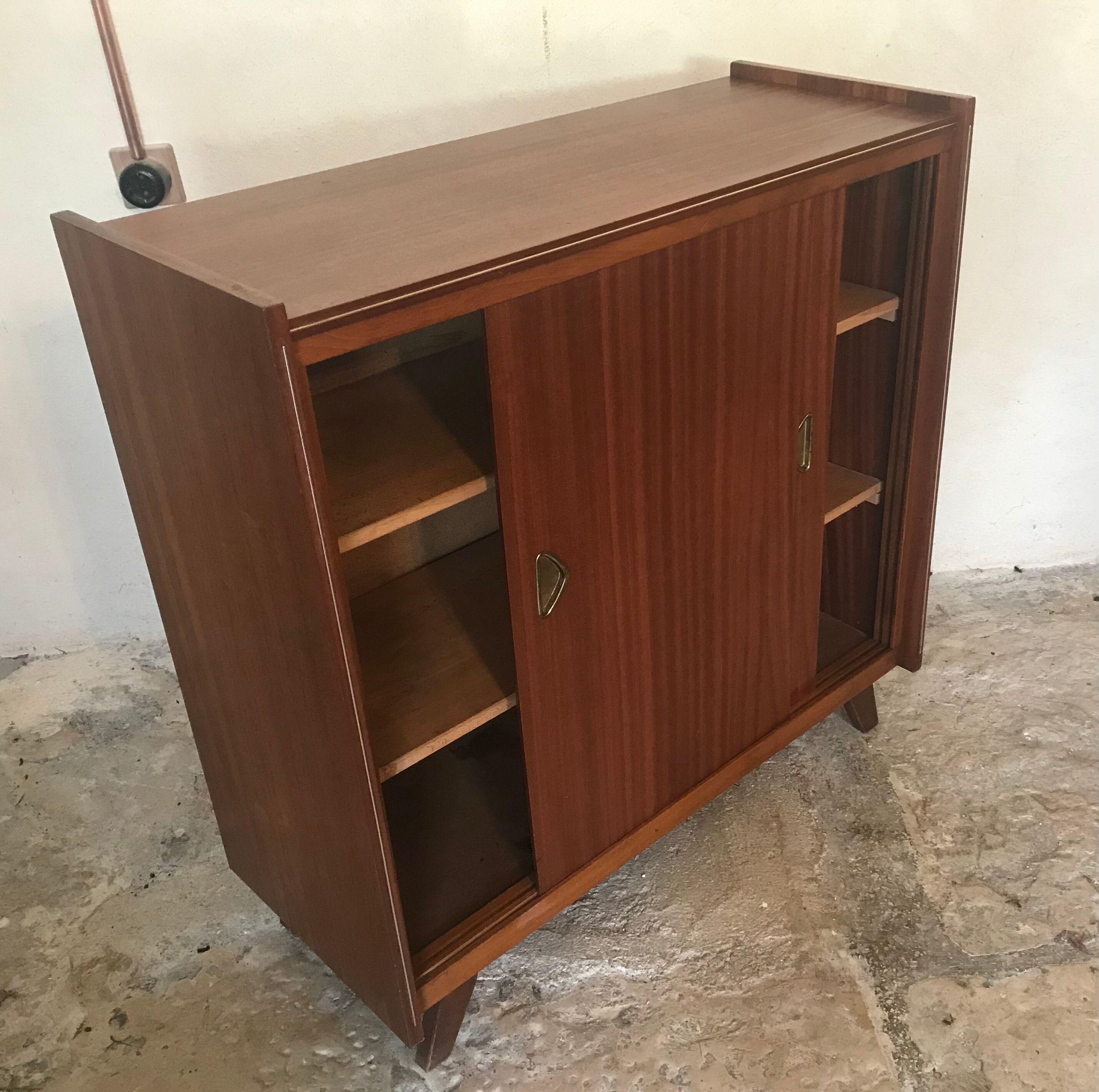 Vintage storage cabinet teak veneer sliding door compass feet
