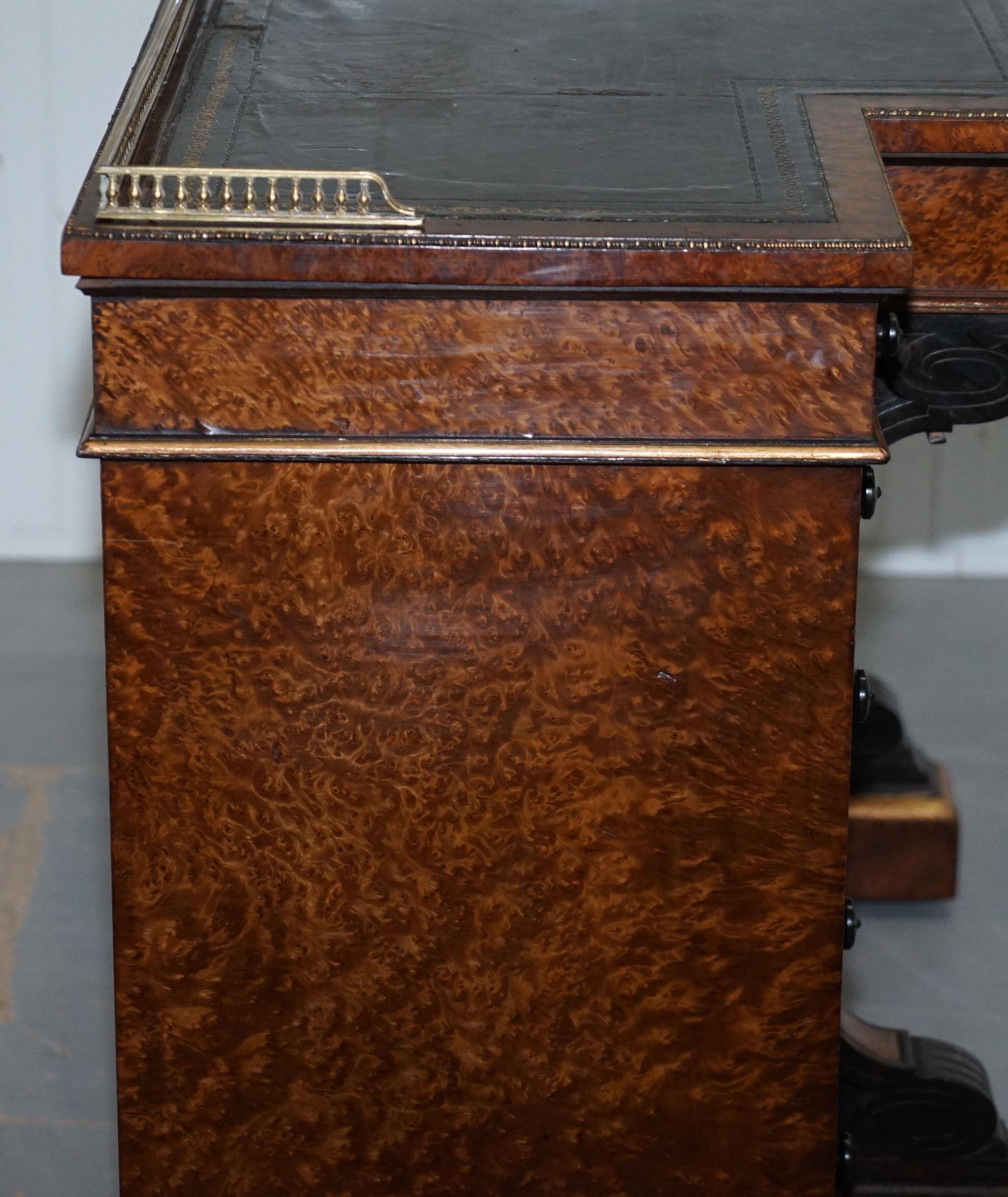 Gillow Library Desk in Burr Amboyna with Brass Gallery, circa 1852-1857