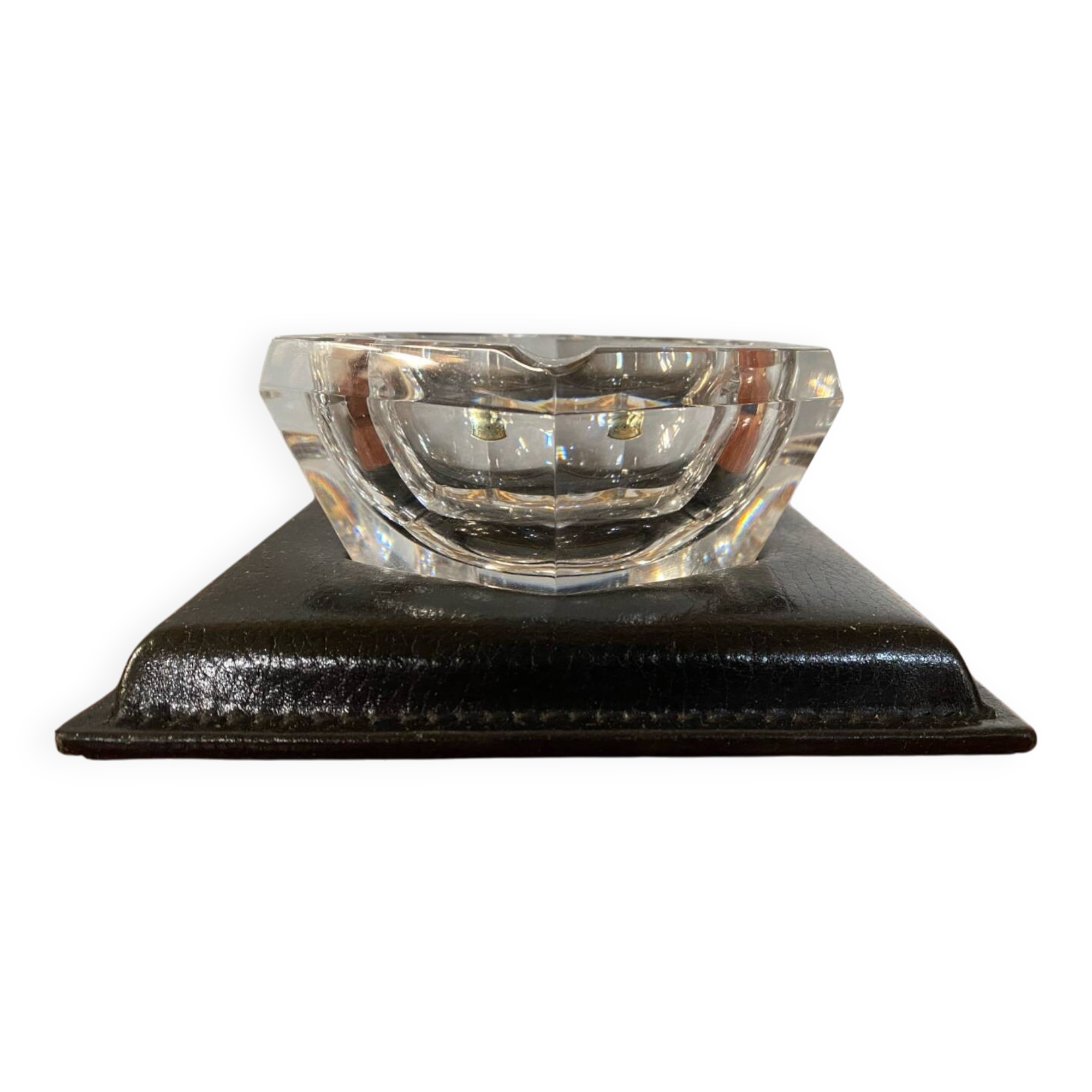 Old Val St Lambert Crystal Ashtray + Le Tanneur Leather Holder + Box
