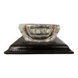 Ancien Cendrier Val St Lambert Cristal + Support Cuir Le Tanneur + Boîte