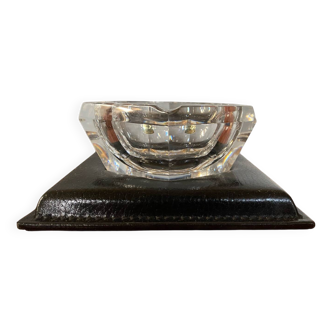 Old Val St Lambert Crystal Ashtray + Le Tanneur Leather Holder + Box
